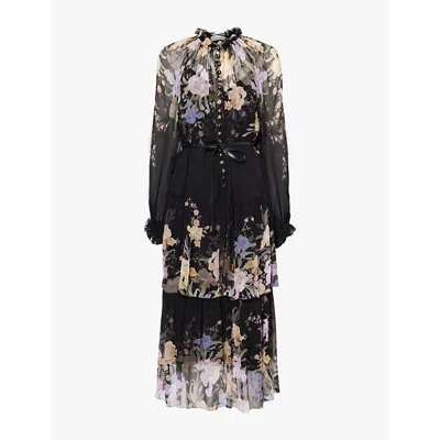 Zimmermann Womens Iris Sherbet Eden Tiered Floral-print Woven Midi Dress In Black