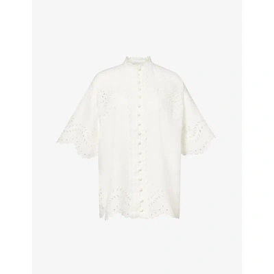 Zimmermann Womens Ivory Scalloped-trim Embroidered-panel Linen Shirt