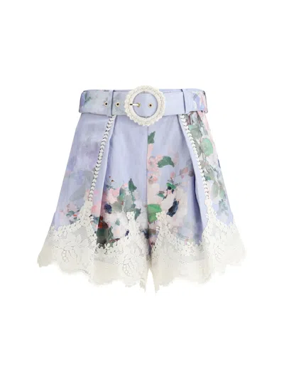 Zimmermann Everley Floral Printed Belted Shorts In Blue