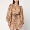 Zimmermann Cascadian Beige Tunic Dress With Stand-up Collar And All-over Leopard Print In Linen Woman In Brown