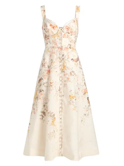ZIMMERMANN WOMEN'S LUNA BUTTON-FRONT PICNIC LINEN MIDI-DRESS