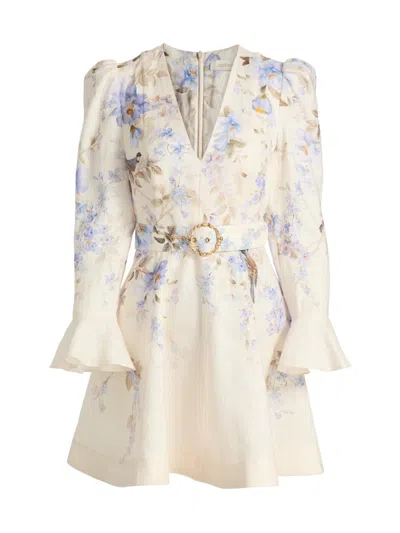 Zimmermann Kindred Spirit Luna Long Sleeve Linen Minidress In Multi