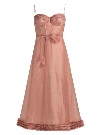 Zimmermann Women's Luna Floral Ruffle Linen-silk Midi-dress In Pink