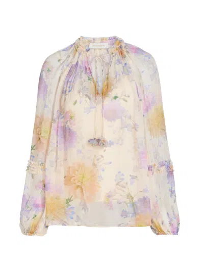 Zimmermann Luna Blouse With Puff Sleeves And Ruffles In Multi