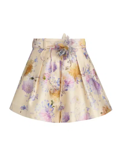 Zimmermann Women's Luna Floral Silk-cotton Tuck Shorts In Cream Dahlia