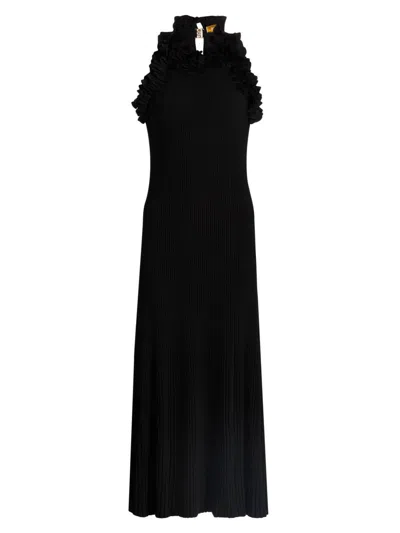 Zimmermann Women's Luna Ruffle Compact Rib-knit Midi-dress In Black