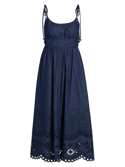 Zimmermann Mohan Broderie Anglaise Trim Denim Midi Dress In Blue
