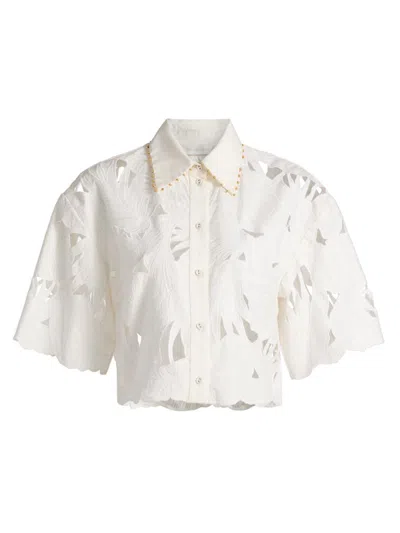 Zimmermann Womens Ivory Mahon Embroidered Cropped Cotton Shirt Xl In White