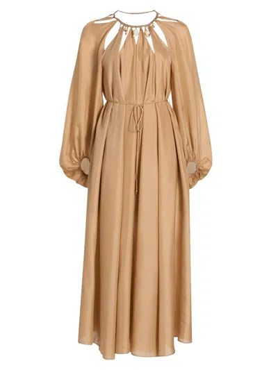 Zimmermann Mahon Long Sleeve Silk Habutae Maxi Dress In Gold