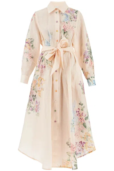 Zimmermann Halliday Belted Floral-print Linen Midi Shirt Dress In Multi