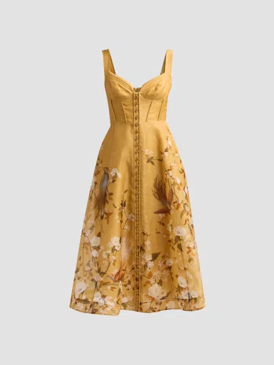 Zimmermann Women's Momentum Printed Linen Corded Midi Dress In Gold Bird Floral