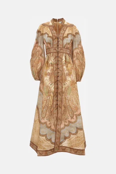 Zimmermann Wanderlust Multicolor Long Dress With V Neck And All-over Paisley Motif In Linen Woman