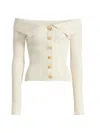 Zimmermann Off-the-shoulder Cotton-trimmed Ribbed-knit Cardigan In Neutral