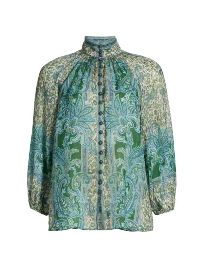 Zimmermann Green And White Paisley Print High Neck Shirt In Green Paisley