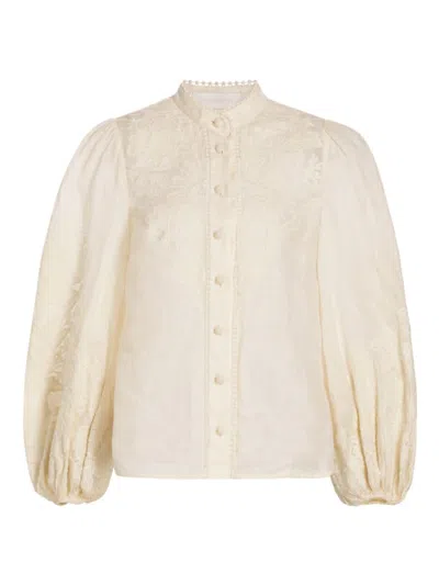 Zimmermann Ottie Floral-embroidered Linen Shirt In Cream