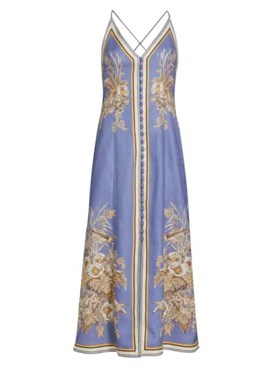 Zimmermann Ottie Floral Linen Slip Dress In Blue Floral