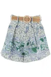 Zimmermann Ottie Belted Pleated Printed Linen Shorts In Green