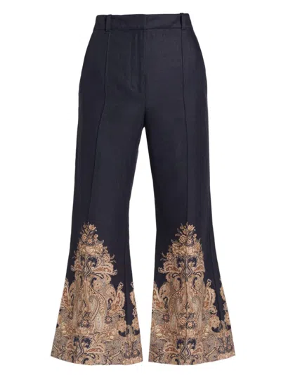 Zimmermann Womens Navy Paisley Natura Flared-leg Mid-rise Linen Trousers In Blue