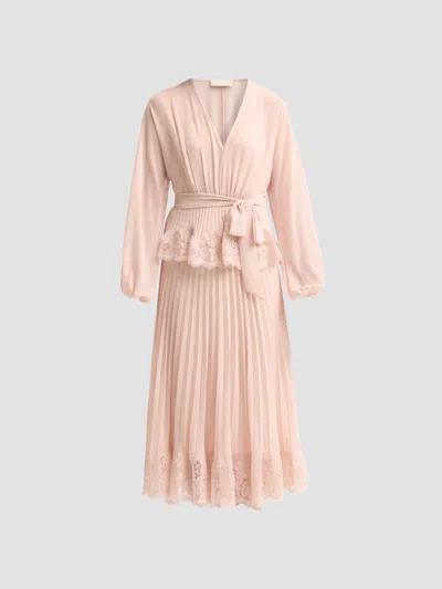 Zimmermann Women's Pleated Lace Midi Dress In Baby Pink