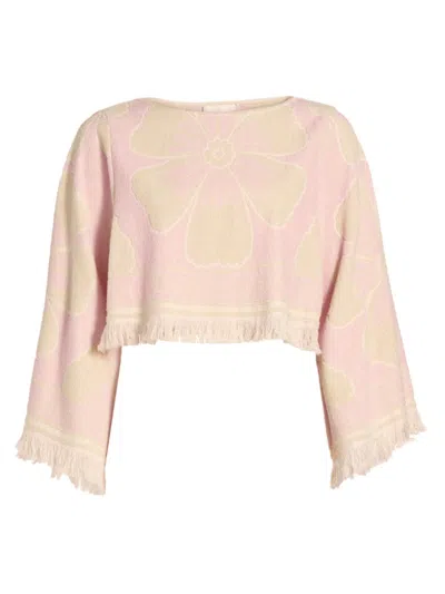 Zimmermann Pop Long Sleeve Towelling Crop Top In Pink/cream In Pink Cream