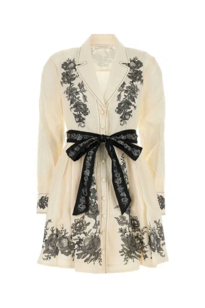 Zimmermann Floral Embroidered Belted Long Sleeve Linen Shirtdress In Multi