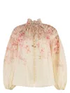 Zimmermann Illuminatebeige Blouse With Puffed Sleeves And All-over Floral Print In Linen And Silk Blend Woman