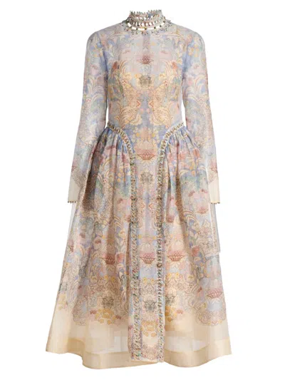 ZIMMERMANN WOMEN'S REBELLION BEADED FLORAL LINEN-SILK MIDI-DRESS