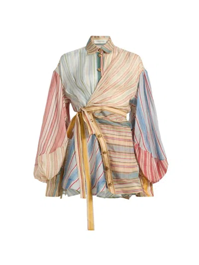 Zimmermann Rebellion Multicolor Midi Dress With Bow Detail On The Front And All-over Striped Motif In Linen And