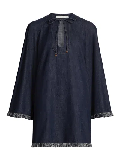 Zimmermann Women's Rhiannon Fringe Denim Minidress In Blue