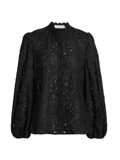 Zimmermann Lace Detail Blouse With Voluminous Puff Sleeves In Black