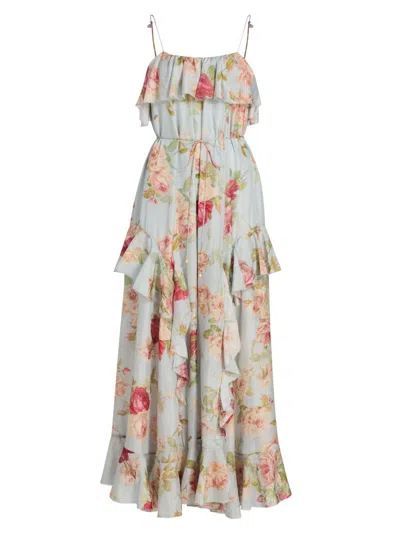 Zimmermann Roselight Frill Silk Habutae Maxi Dress In Blue