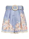 Zimmermann Cascadian Belted Lace-trimmed Pleated Floral-print Linen Shorts In Blue