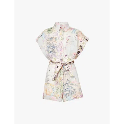 ZIMMERMANN WOMENS HALLIDAY FLORAL-PRINT LINEN PLAYSUIT SPLICED