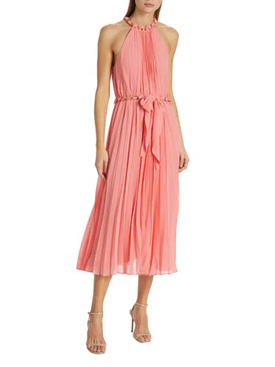 Zimmermann Chain-embellished Pleated Georgette Halterneck Midi Dress In Peach