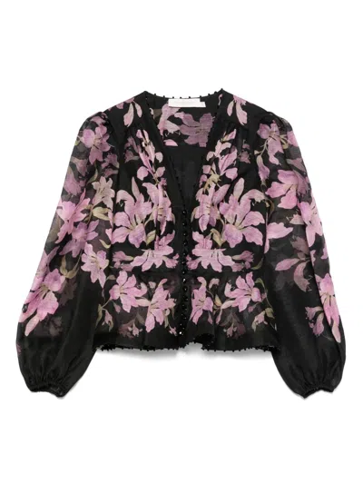 Zimmermann Dawning Beaded Linen V-neck Shirt In Black/multi
