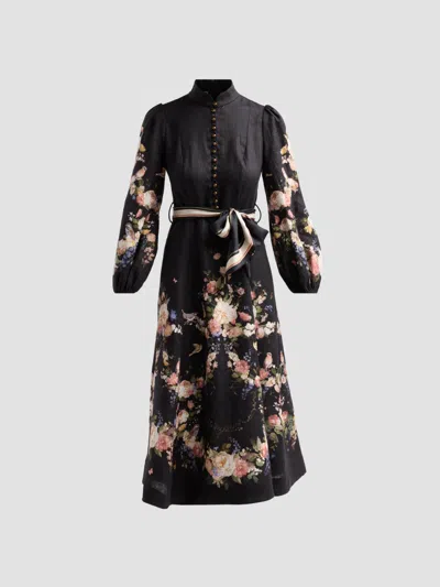 Zimmermann Valiant Floral Long Sleeve Linen Midi Dress In Black
