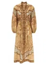 Zimmermann Deep V-neck Rouleau-button Linen Mini Dress With Gathered Waist In Brown