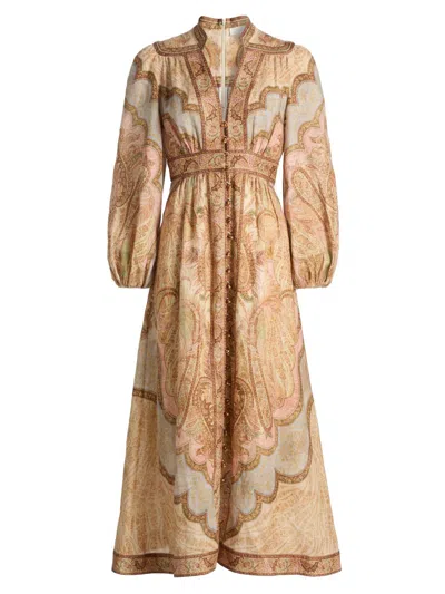 Zimmermann Wanderlust Multicolor Long Dress With V Neck And All-over Paisley Motif In Linen Woman