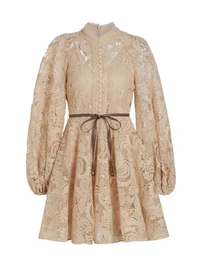 Zimmermann Waverly Lace Belted Mini Dress In Taupe