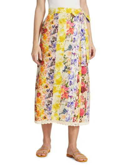Zimmermann Women's Wonderland Floral Linen Midi Wrap Skirt In Spliced Stripe Floral