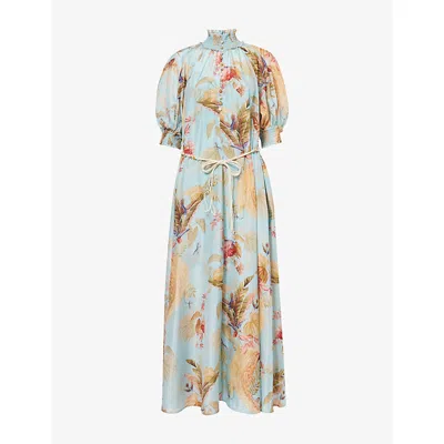 ZIMMERMANN WOMENS AQUA PALM FLORAL ASCENSION BILLOW FLORAL-PRINT SILK MAXI DRESS