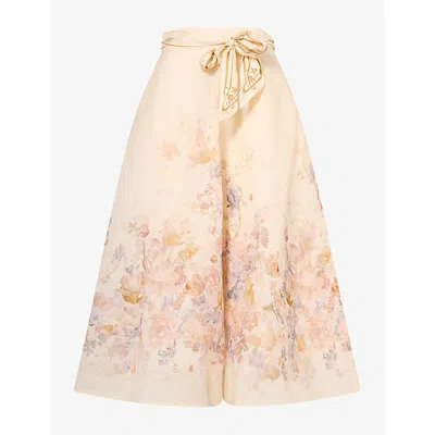 Zimmermann Womens Ascent Circle Linen-and-silk Midi Skirt Cream Floral