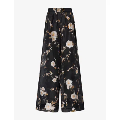 Zimmermann Womens Ascent Pleat Floral Silk-linen Trousers Black Rose Mallow Xl In Animal Print