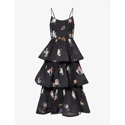 Zimmermann Womens Black Bird Print Pleated Tiered Woven Midi Dress
