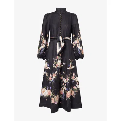 Zimmermann Womens Black Bouquet Valiant Floral-print Linen Midi Dress Xs