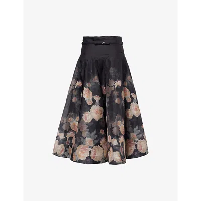 ZIMMERMANN WOMENS CRUSH FLARED LINEN-SILK BLEND MIDI SKIRT BLACK FLORAL