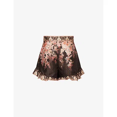 Zimmermann Womens Black Floral Illuminate Flutter Floral-print Silk And Cotton-blend Shorts Xs In Multi