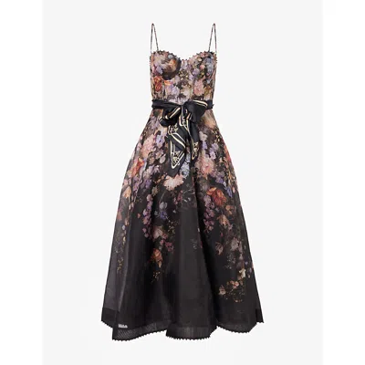 Zimmermann Womens Black Floral Valiant Corset Linen And Silk-blend Midi Dress Xl In Multi