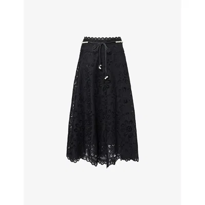 ZIMMERMANN WOMENS BLACK RHIANNON EMBROIDERED COTTON MIDI SKIRT