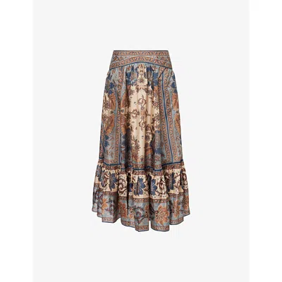 Zimmermann Womens Blue Cream Indienne Ascension Tiered Silk Midi Skirt Xs